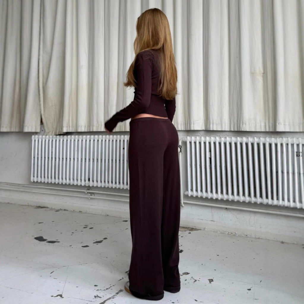 Ribbed Knit Cardigan & Low-Rise Wide-Leg Pants Set in Espresso — back view on model