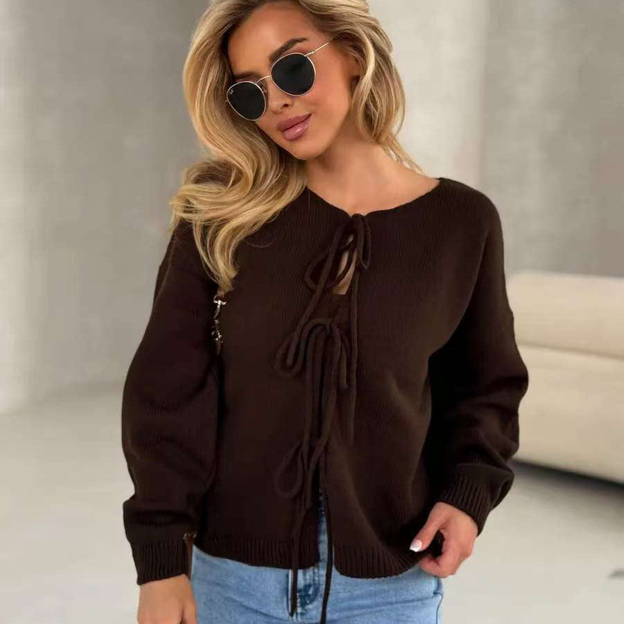Round Neck Tie-Front Knit Cardigan in Chocolate — front view on model