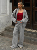 Oversized Hooded Zip-Up Knit & Drawstring Wide-Leg Pants Set in Heather Gray — full-length front view on model