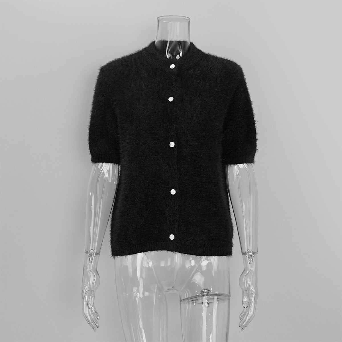 Fuzzy Knit Short Sleeve Cardigan with Mock Neck in Black — front view