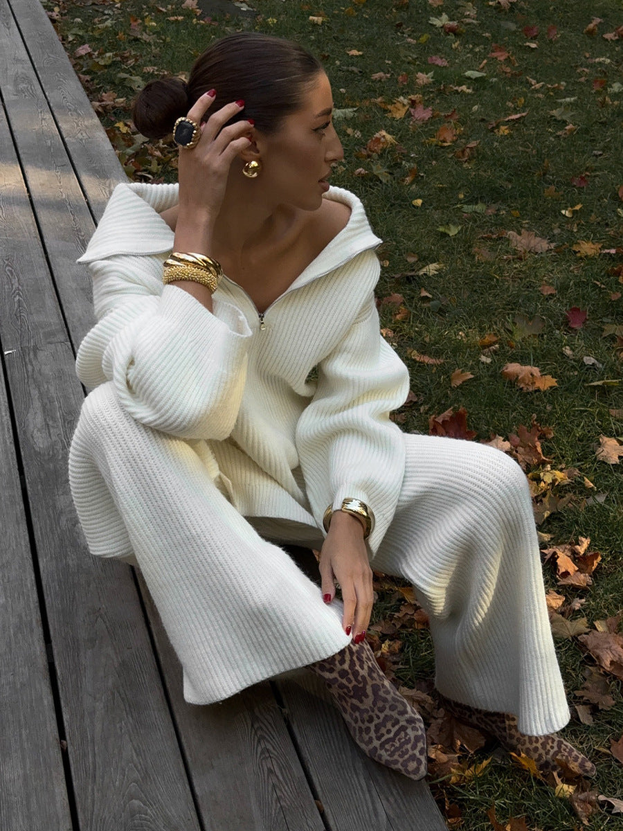 Half-Zip Polo Knit Sweater & Wide-Leg Pants Set in Ivory — seated view on model