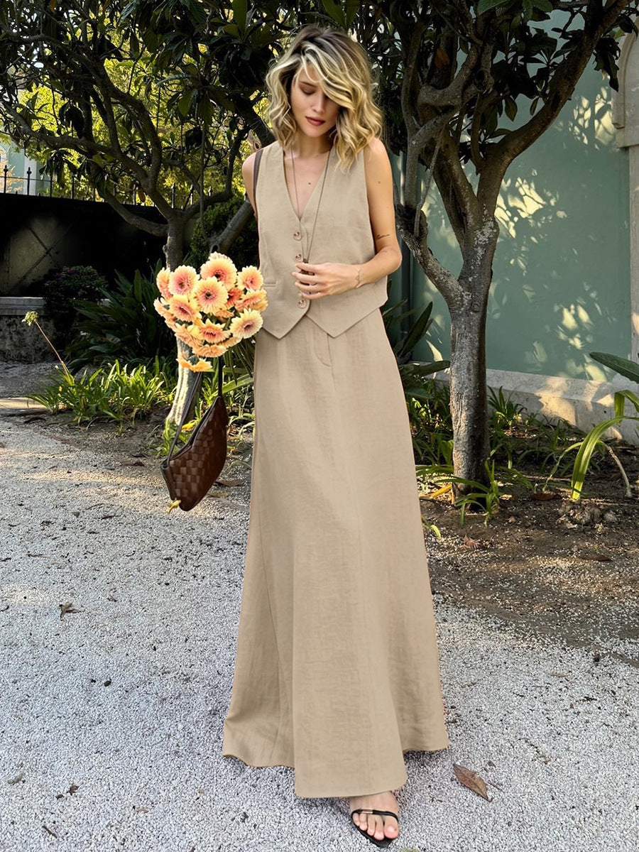 Linen Vest & Maxi Skirt Set in Khaki — front view on model