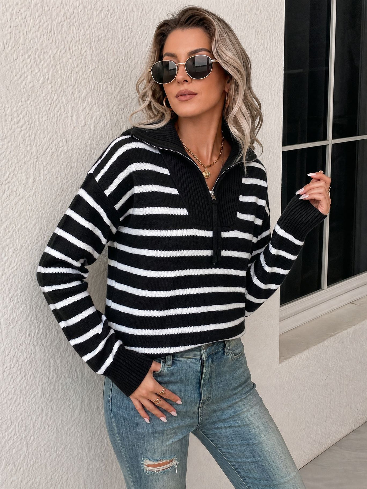 Striped Half-Zip Collared Sweater in Black & White — on model