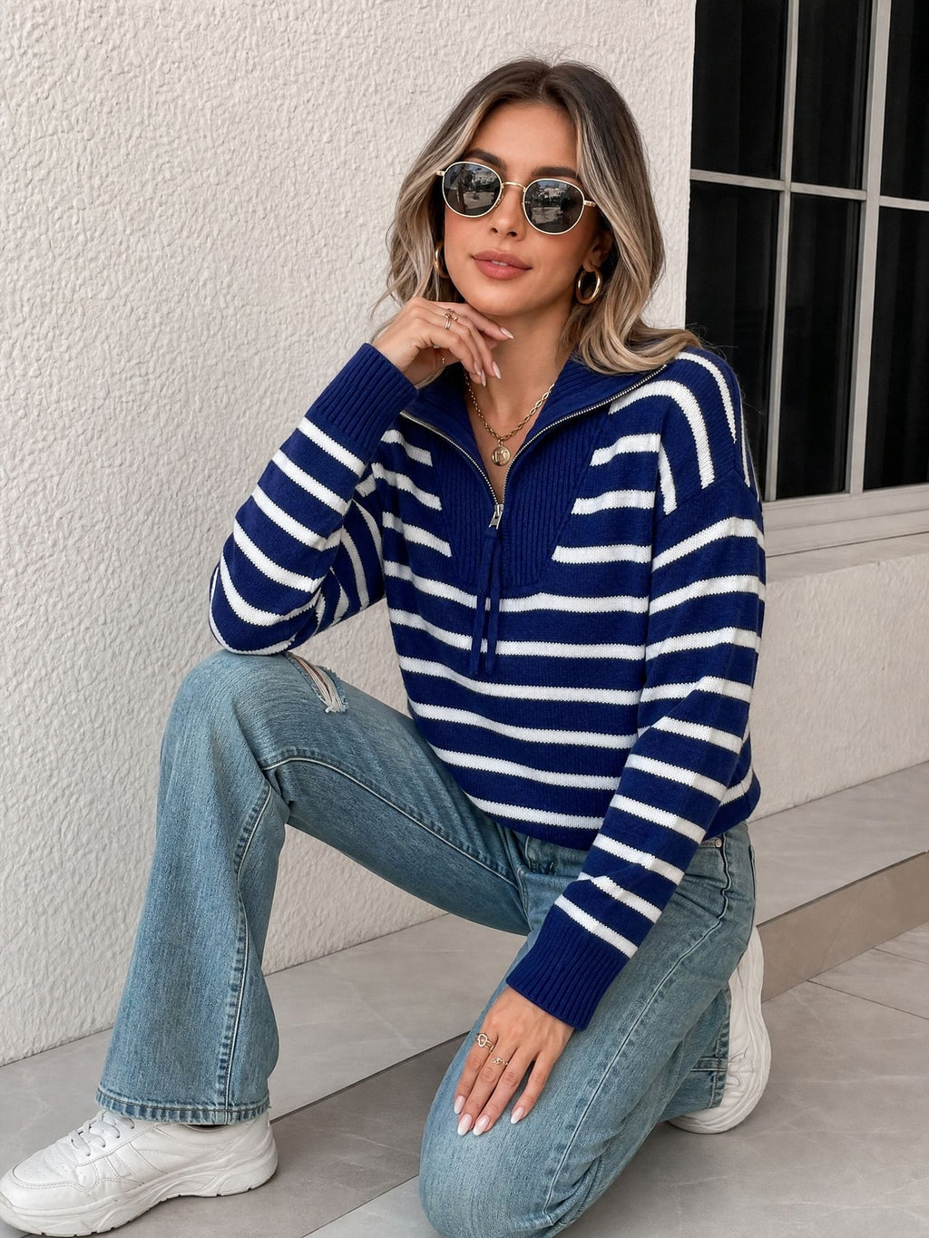 Striped Half-Zip Collared Sweater in Navy & White — full-length view on model