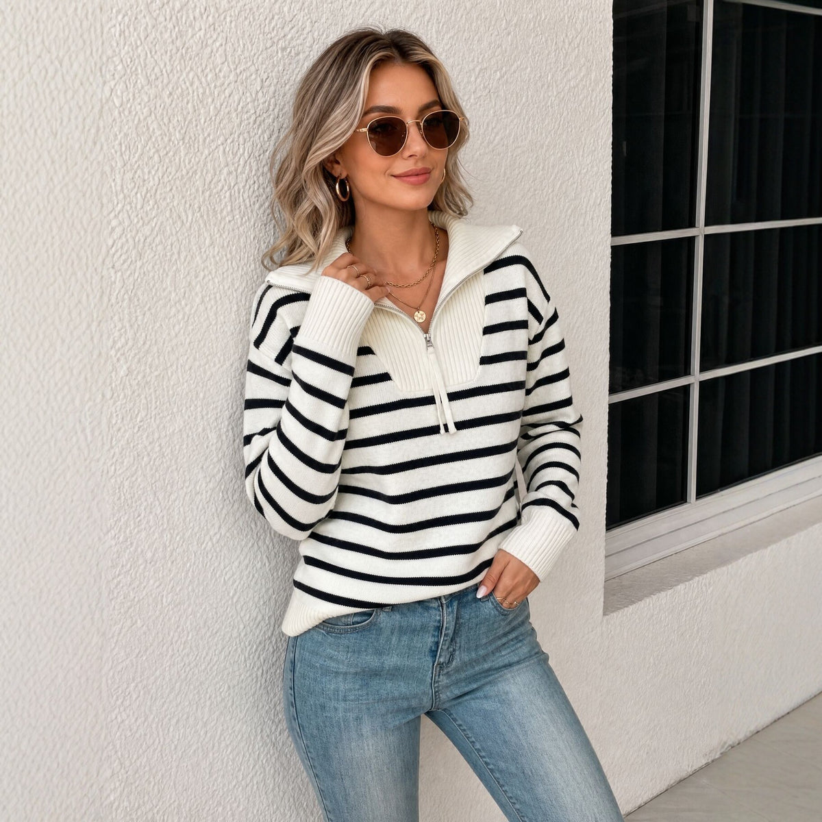 Striped Half-Zip Collared Sweater in Ivory & Black — on model, collar open