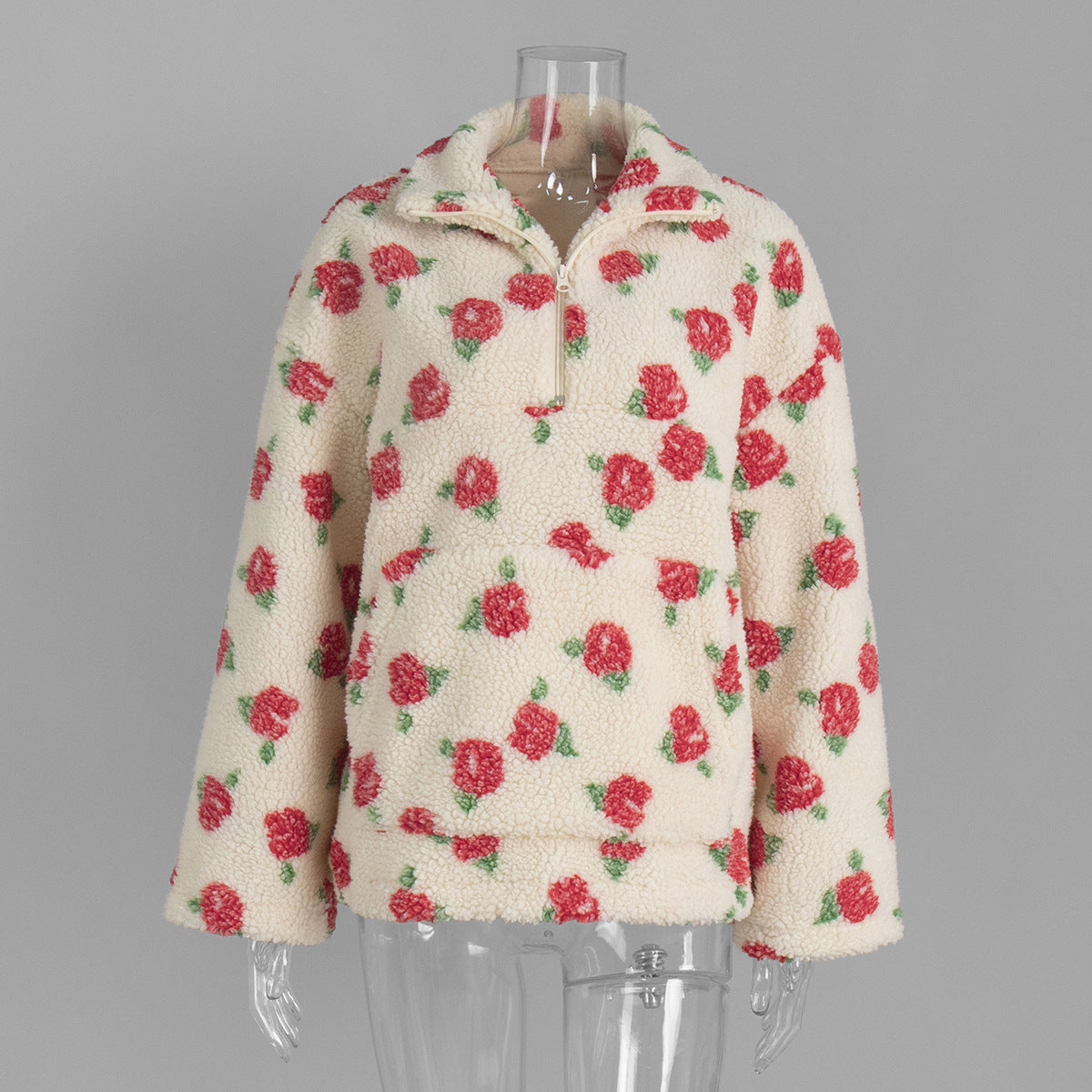 Floral Fleece Half-Zip Pullover Sweatshirt in Cream Rose Floral — front view
