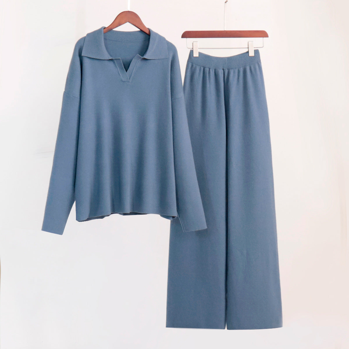 Polo Collar Knit Sweater & Wide-Leg Pants Set in Slate Blue — front view