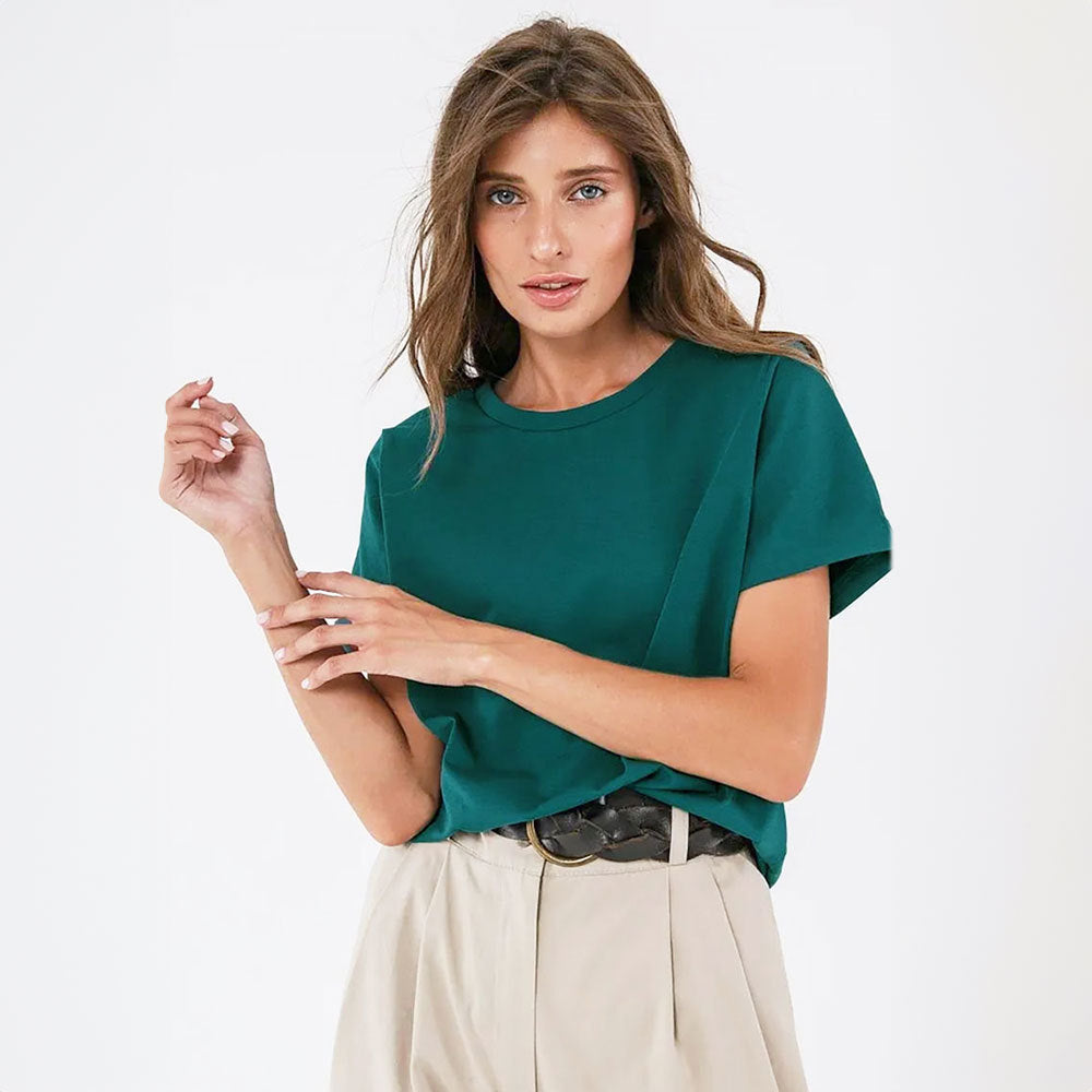 Everyday Cotton Short Sleeve Crew Tee in Forest Green — front view on model, tucked