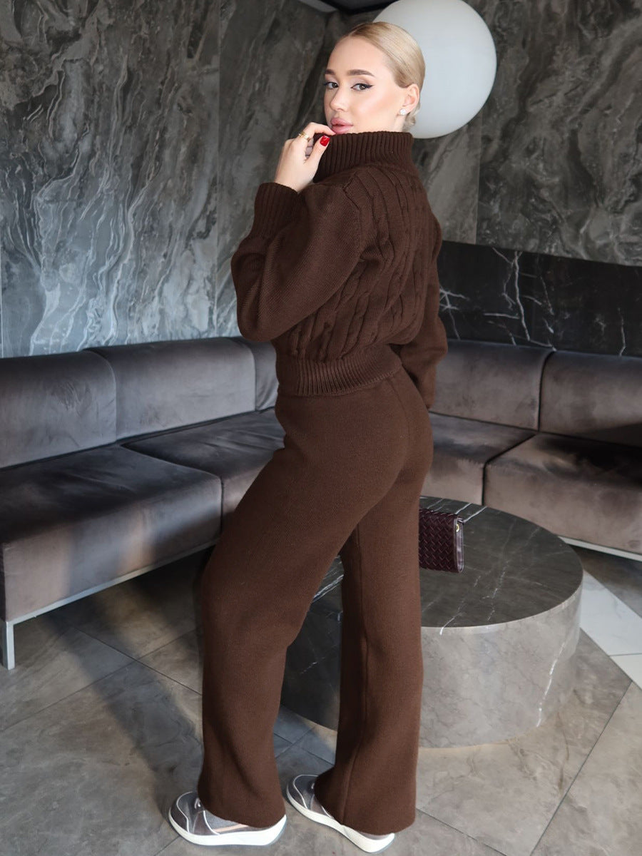 Cable Knit Zip-Up Sweater & Straight-Leg Knit Pants Set in Chocolate — back view on model