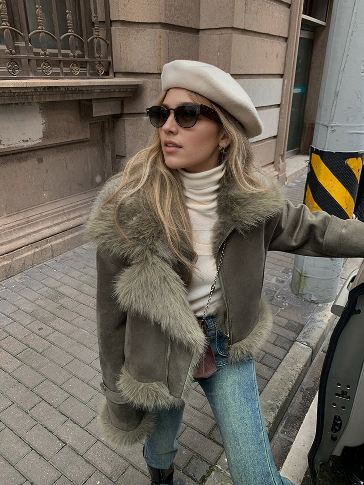 Cropped Faux Suede Shearling Jacket with Faux Fur Collar in Olive — close-up of the faux fur collar on model