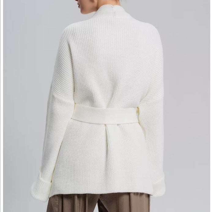 Belted Open-Front Ribbed Knit Cardigan in White — back view on model
