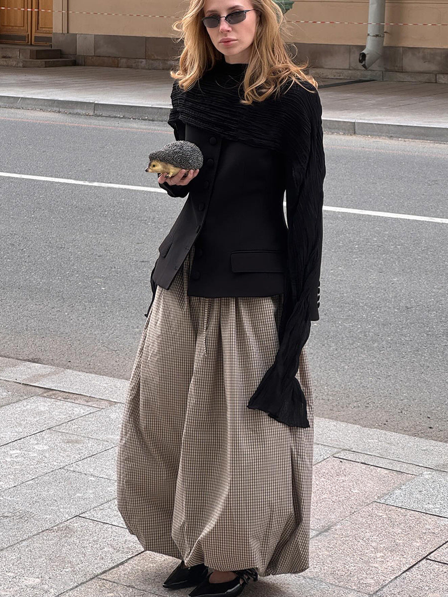 Cotton-Rayon Check Balloon Harem Pants in Khaki Check — on model, outdoor