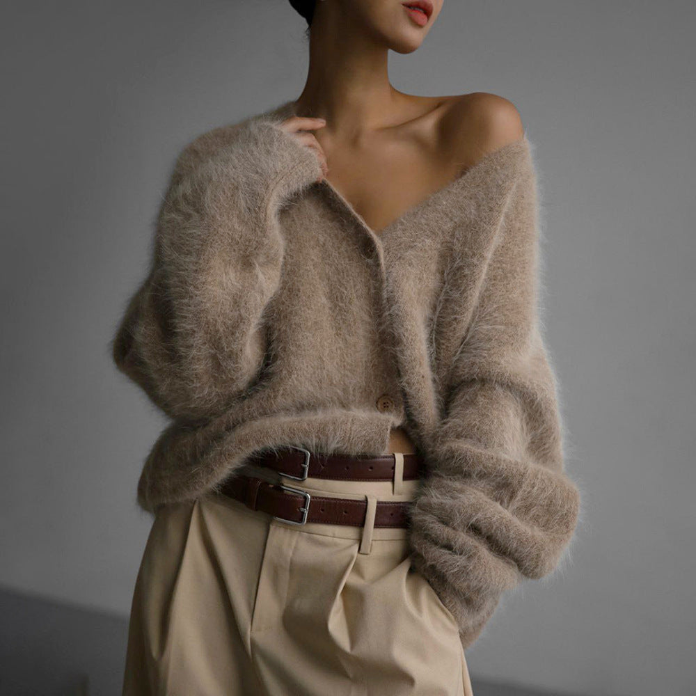 Fuzzy Knit Oversized V-Neck Cardigan in Mocha — styled with a belt