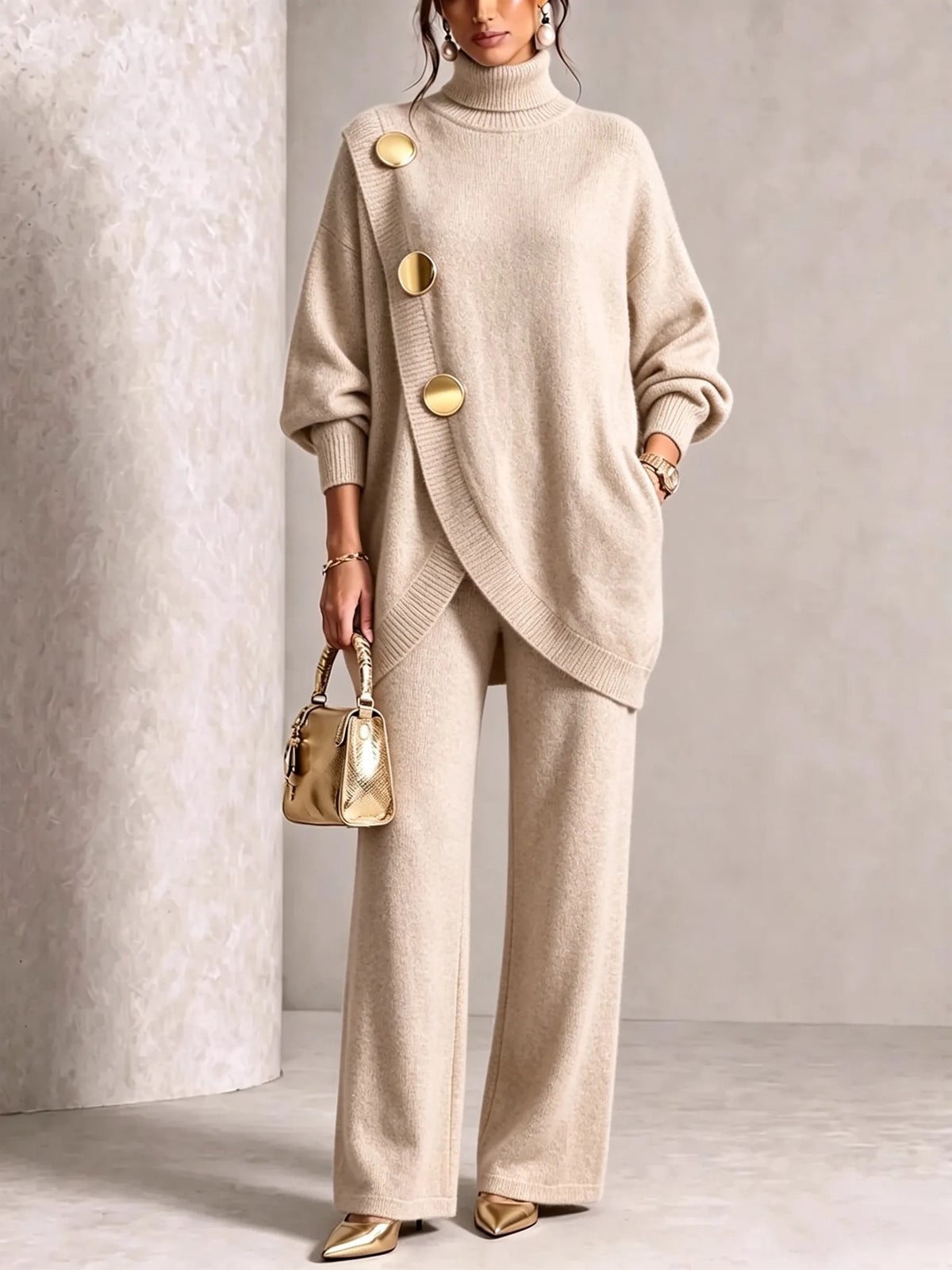 Asymmetric Turtleneck Sweater & Wide-Leg Knit Pants Set in Oatmeal — full-length view on model