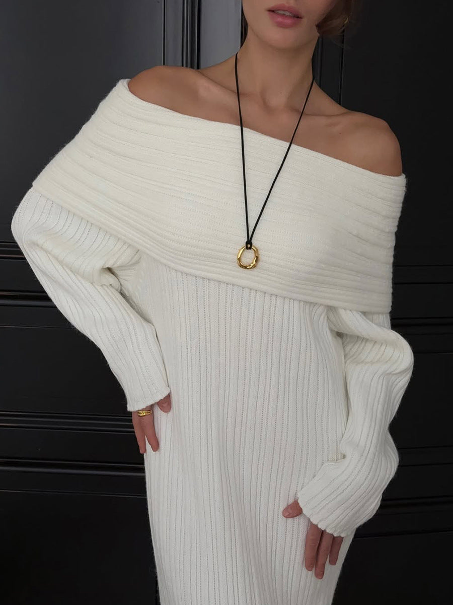 Off-Shoulder Fold-Over Collar Ribbed Knit Maxi Dress in Ivory — front view on model