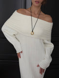 Off-Shoulder Fold-Over Collar Ribbed Knit Maxi Dress in Ivory — front view on model