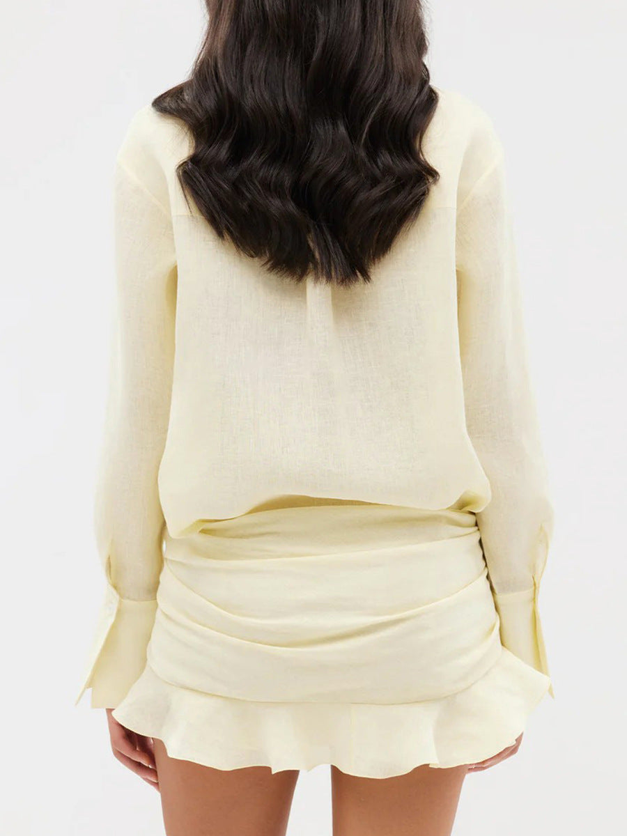 Tie-Front Cotton Mini Shirt Dress in Butter Yellow — back view, studio