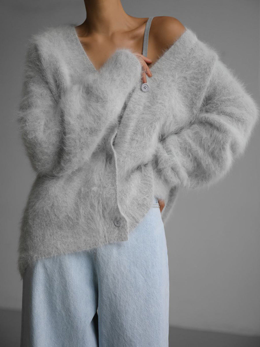 Fuzzy Knit Oversized V-Neck Cardigan in Light Gray — front view on model with light jeans