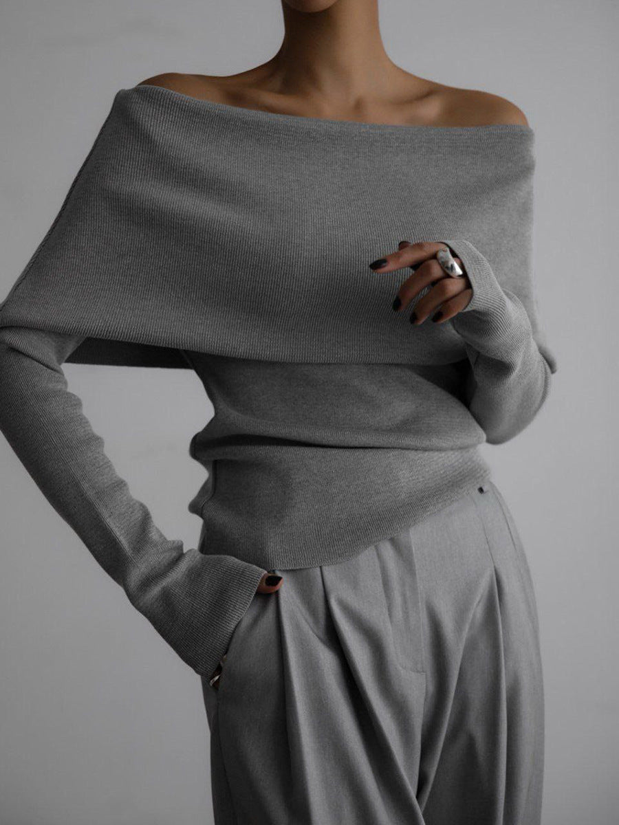 Off-Shoulder Fold-Over Knit Sweater in Heather Gray — front view on model