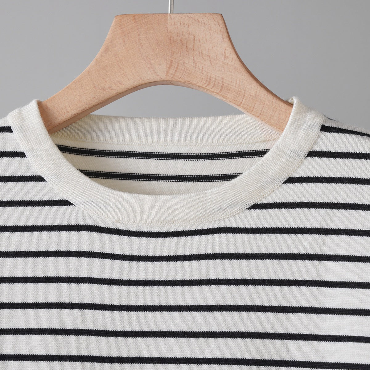 Striped Knit Top and Wide-Leg Pants Set in Ivory Stripe — neckline and stripe detail