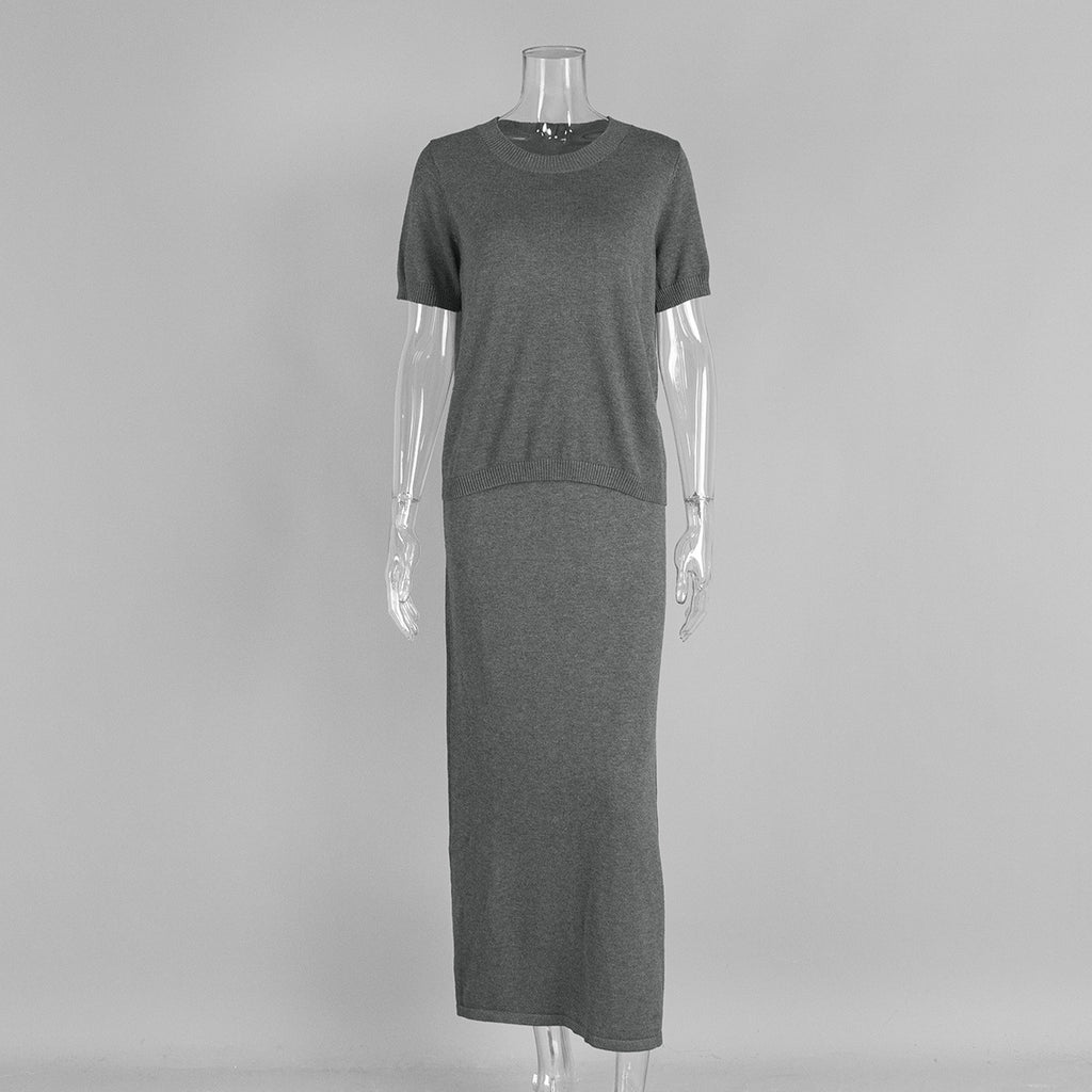 Short Sleeve Knit Top & Maxi Skirt Set in Charcoal — set on mannequin