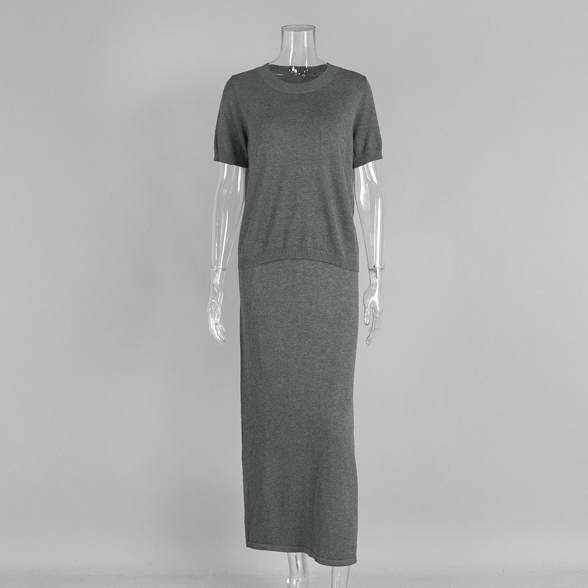 Short Sleeve Knit Top & Maxi Skirt Set in Charcoal — set on mannequin