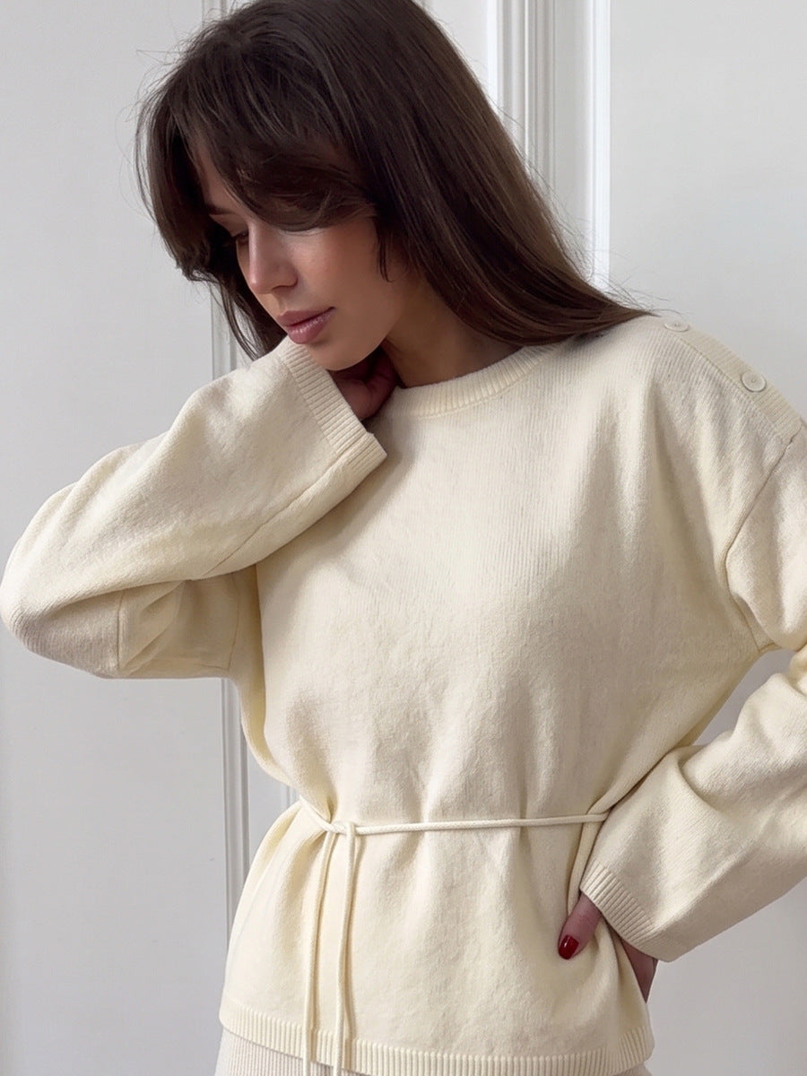 Relaxed Knit Sweater & Maxi Skirt Set with Tie Belt in Ivory — close view on model