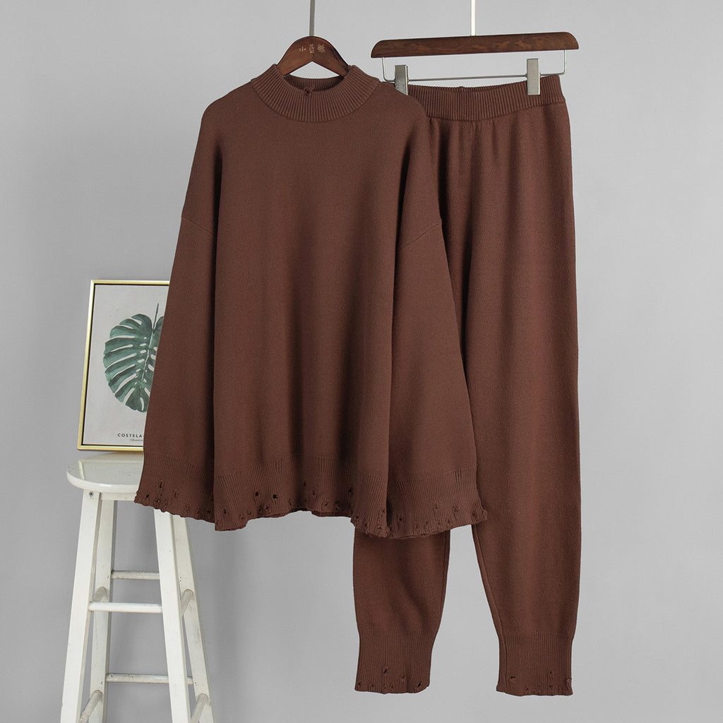 Distressed-Hem Oversized Knit Sweater & Jogger Set in Chocolate Brown — set front view