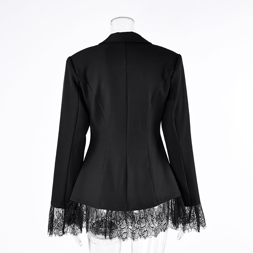 Fitted Blazer with Lace-Trimmed Hem and Cuffs in Black — back view on mannequin