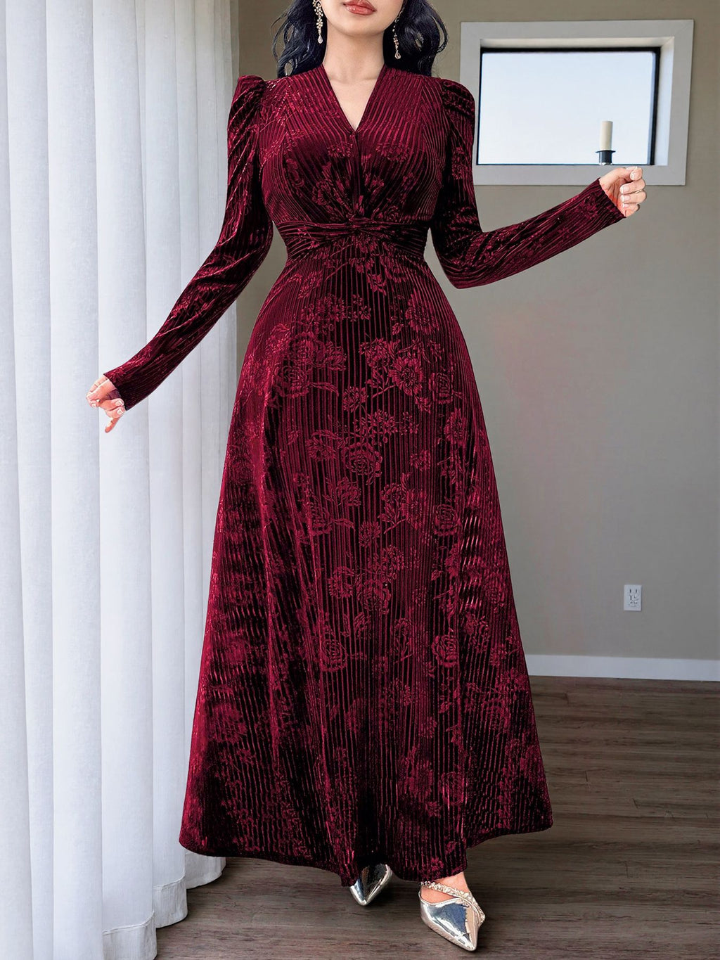Plus-Size Floral Velvet Maxi Dress with Twist Waist in Wine — full-length view on model