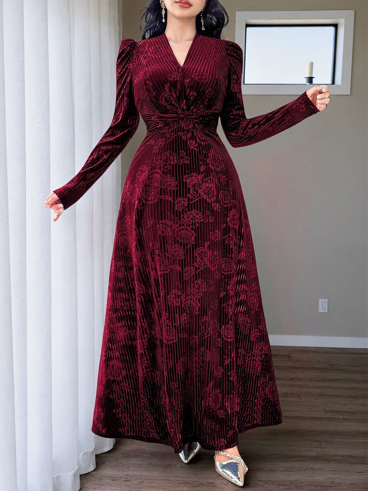 Plus-Size Floral Velvet Maxi Dress with Twist Waist in Wine — full-length view on model