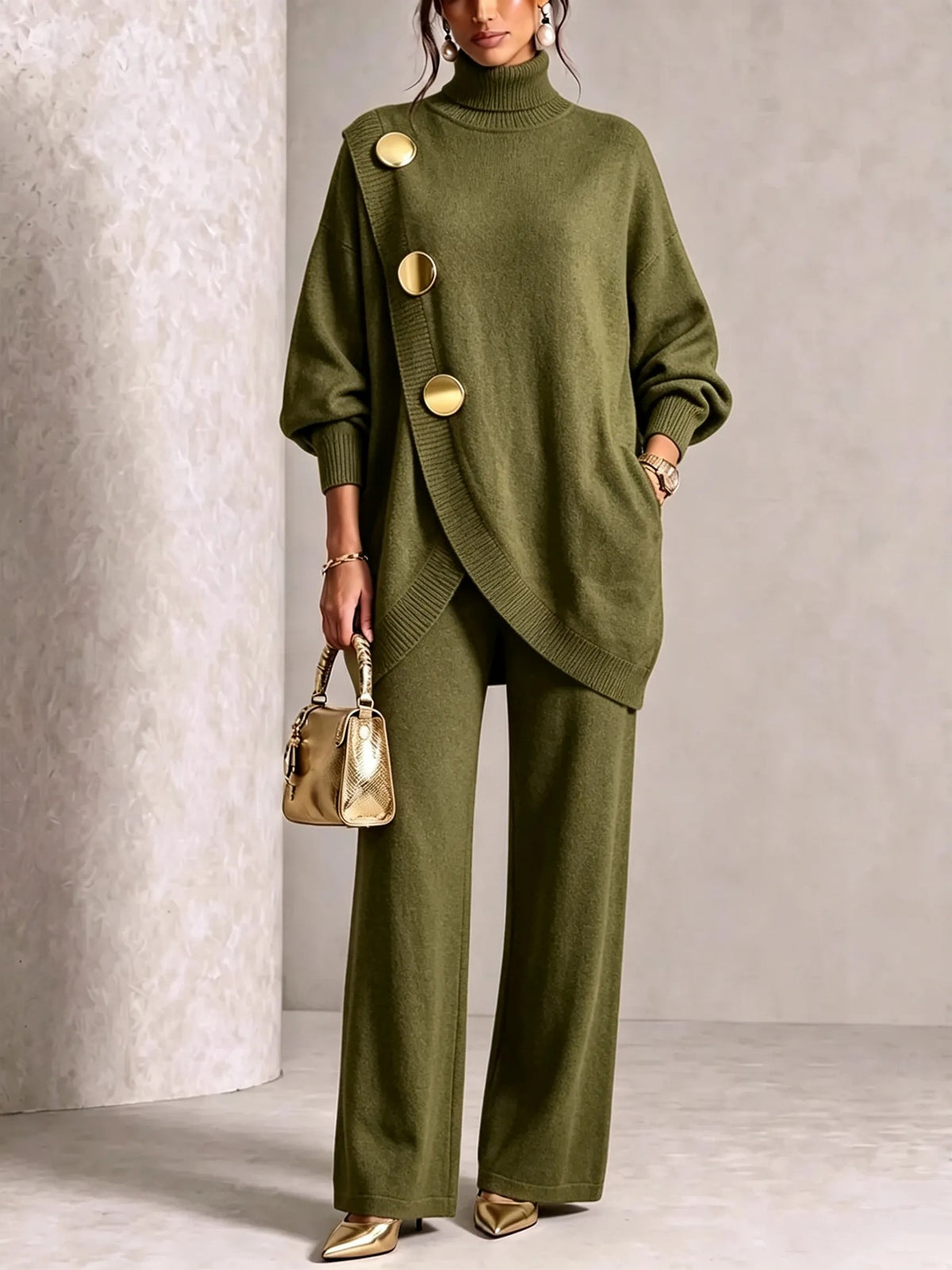 Asymmetric Turtleneck Sweater & Wide-Leg Knit Pants Set in Olive — full-length view on model