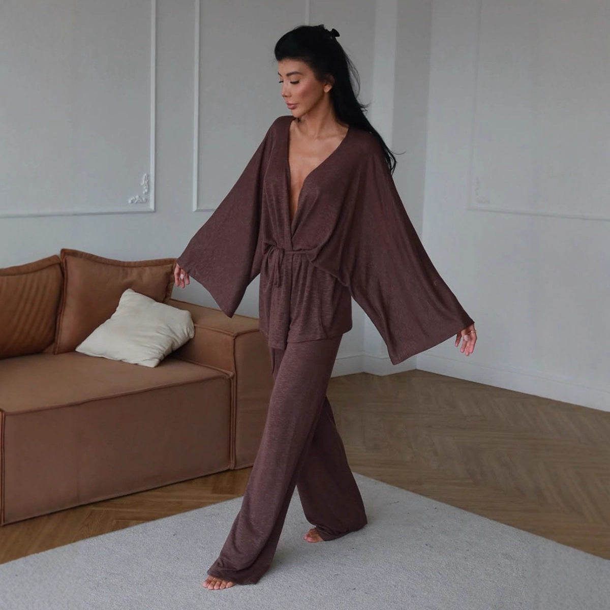 Wrap Tie Top & Wide-Leg Lounge Pants Set in Cocoa — front view on model, walking