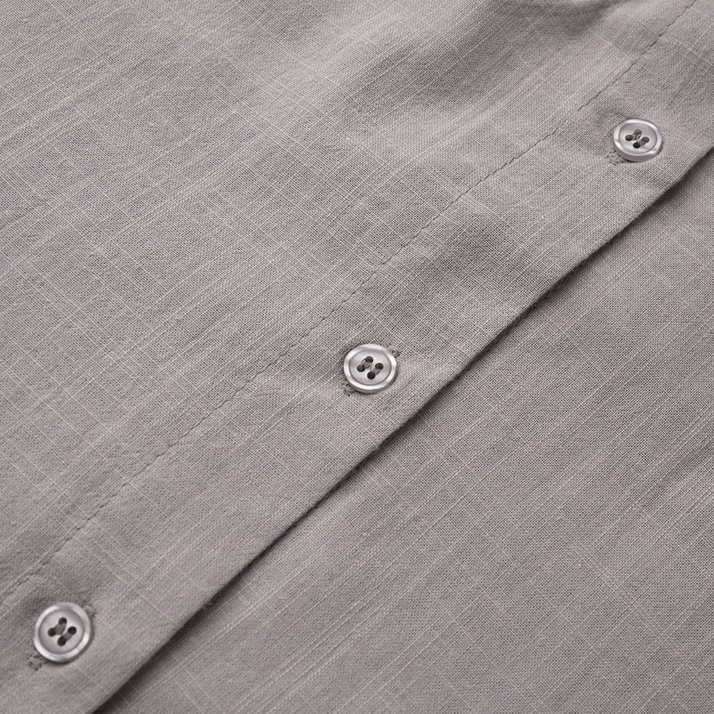 Oversized Cotton Shirt & Elastic-Waist Shorts Set in Taupe — close-up of the buttons