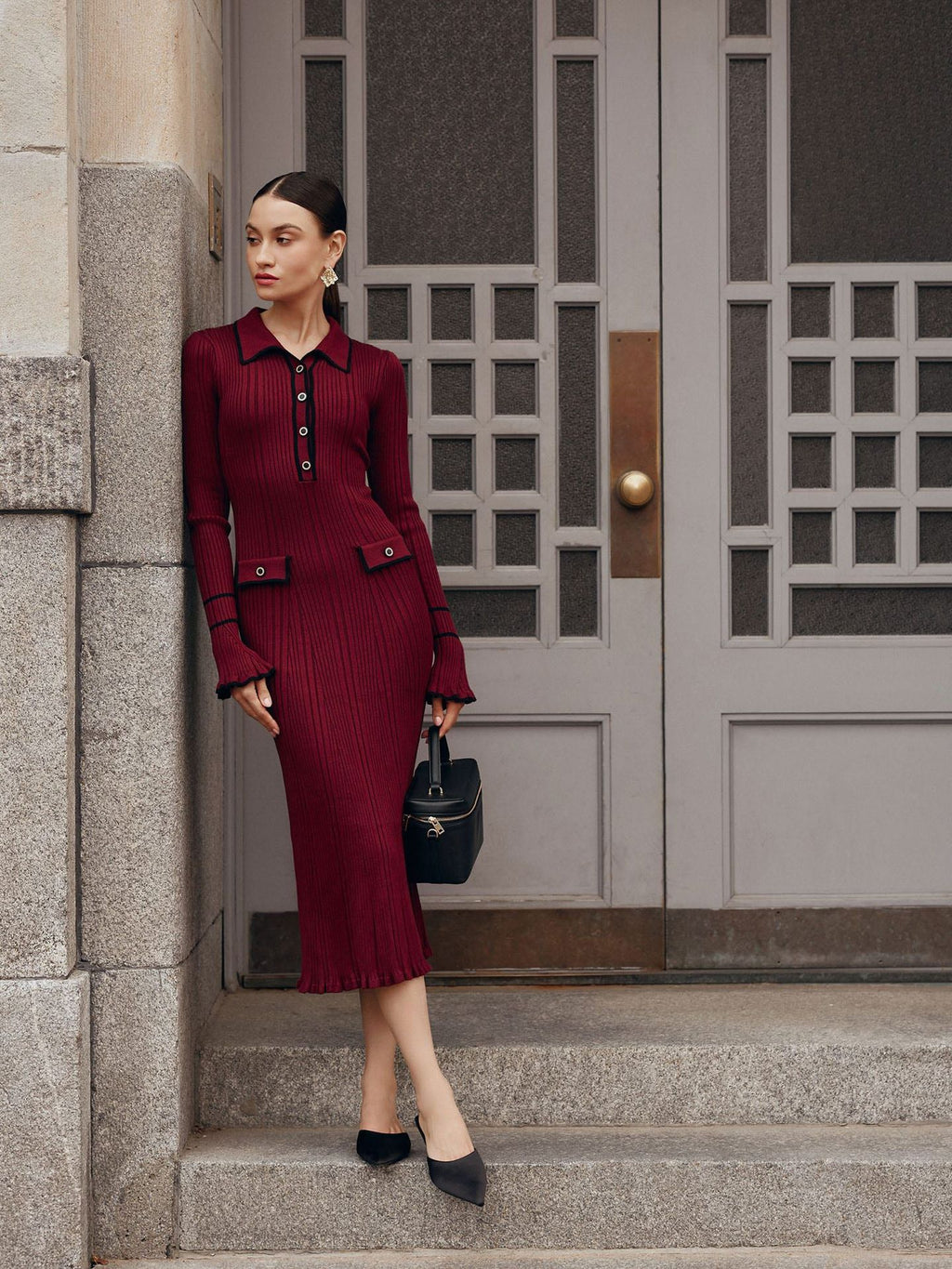 Contrast-Trim Collared Ribbed Midi Dress in Burgundy — on model