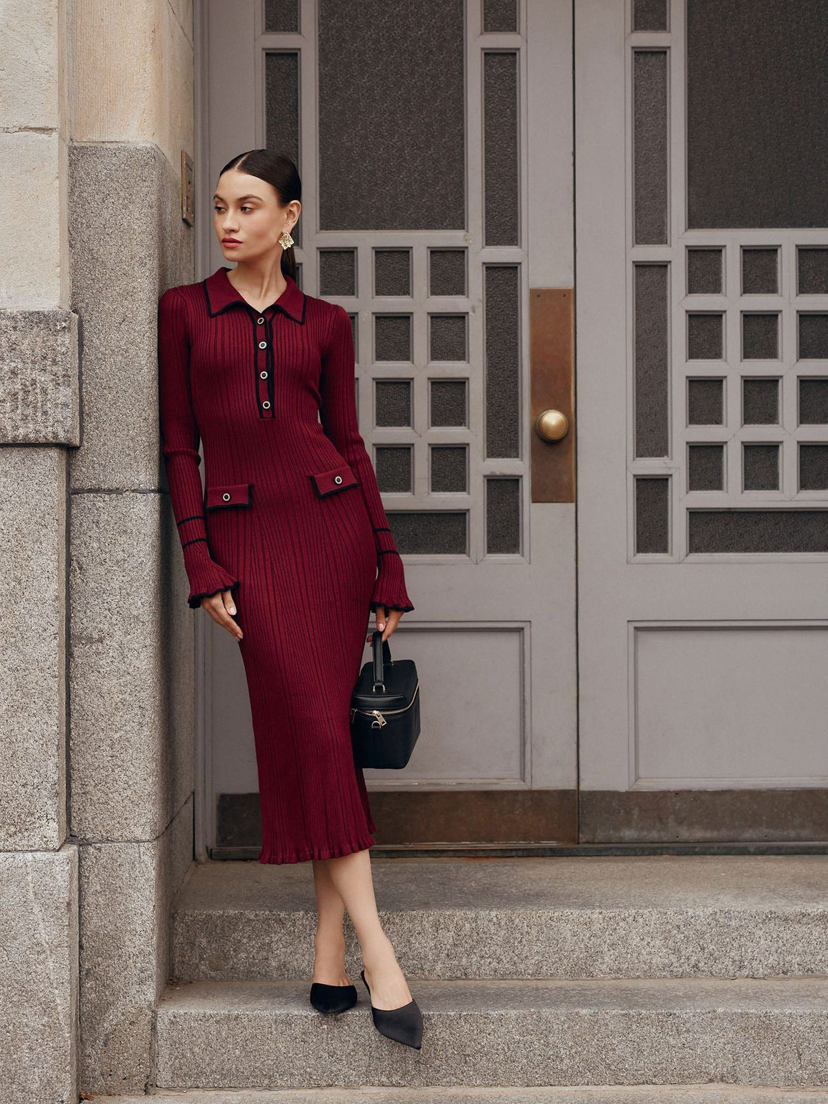 Contrast-Trim Collared Ribbed Midi Dress in Burgundy — on model