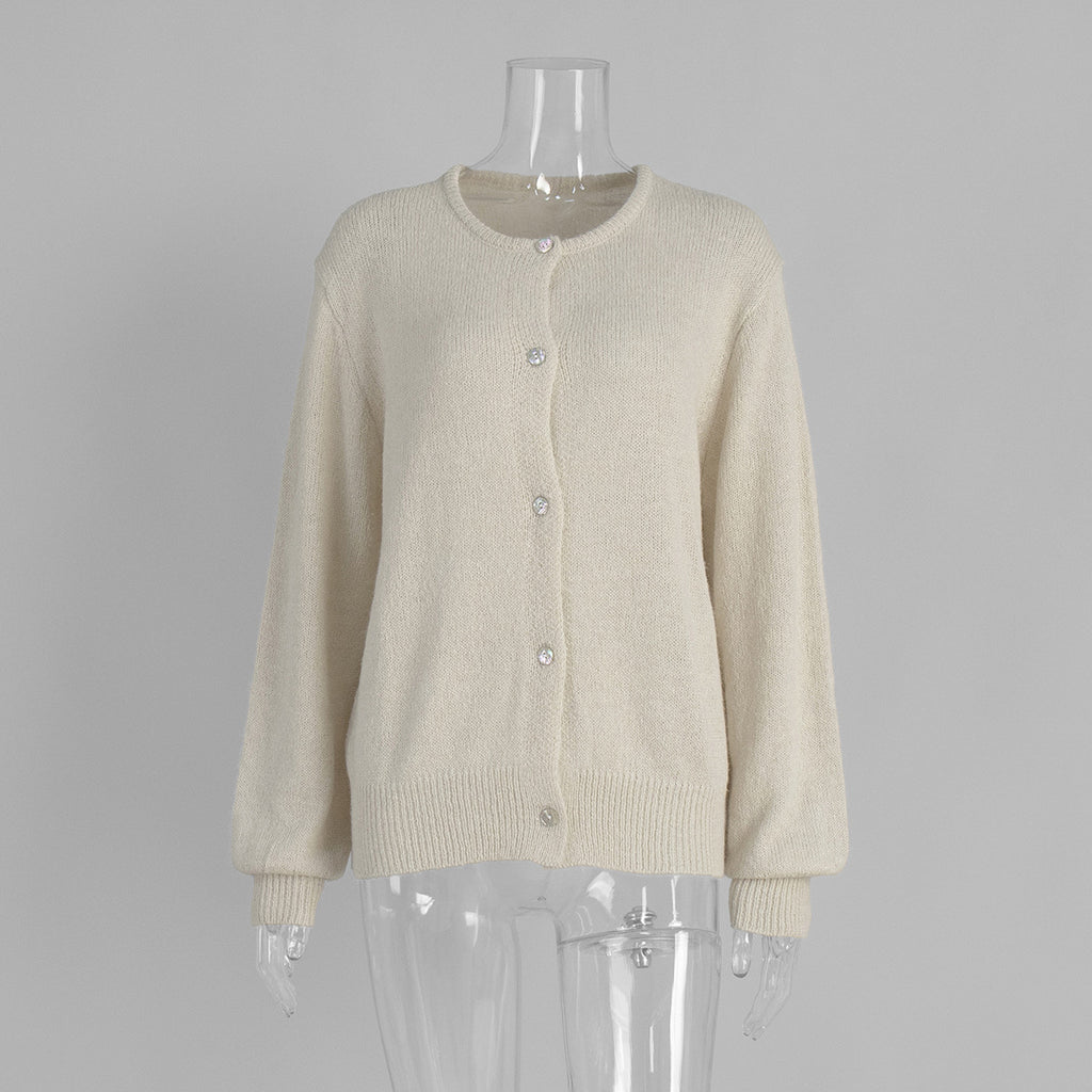 Soft Fuzzy Crew Neck Button Cardigan in Cream — front view