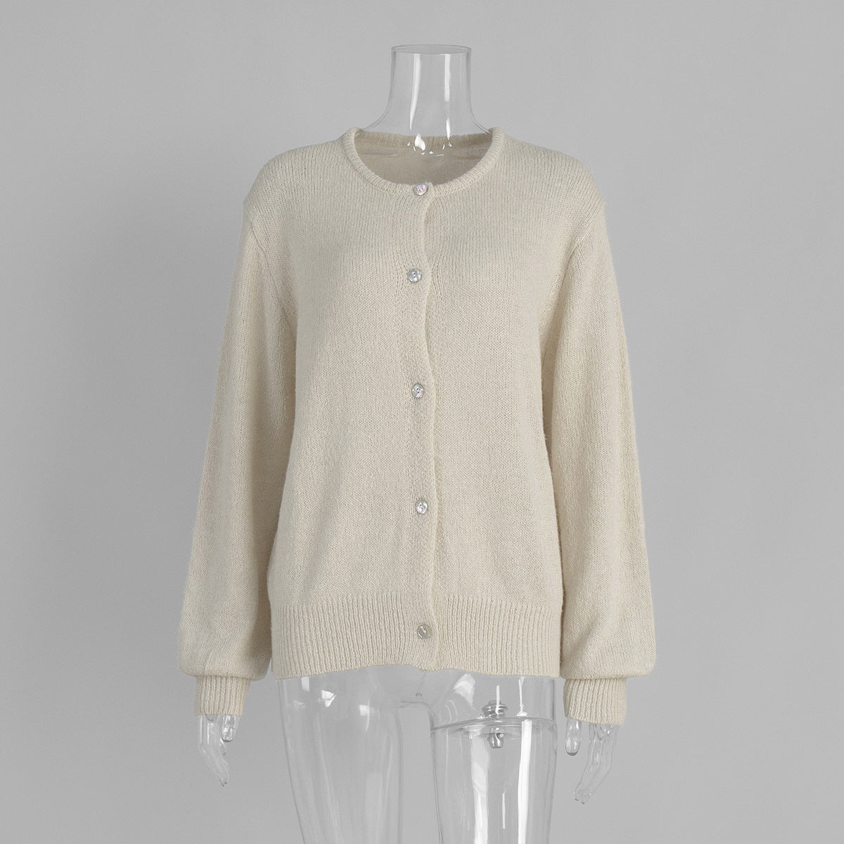Soft Fuzzy Crew Neck Button Cardigan in Cream — front view