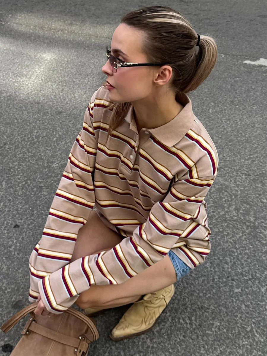 Relaxed Striped Long Sleeve Polo Shirt in Khaki Stripe — seated on model