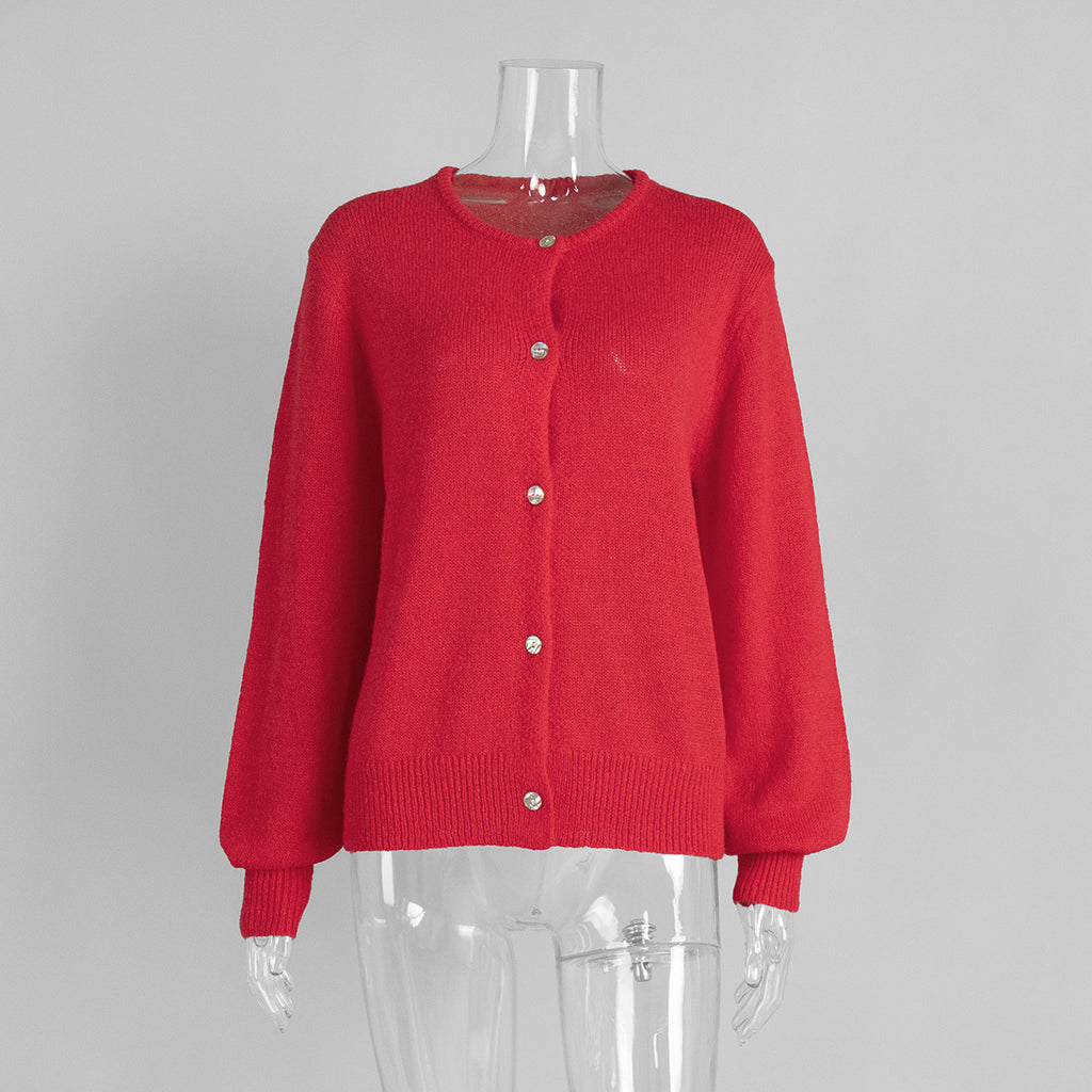 Soft Fuzzy Crew Neck Button Cardigan in Red — front view