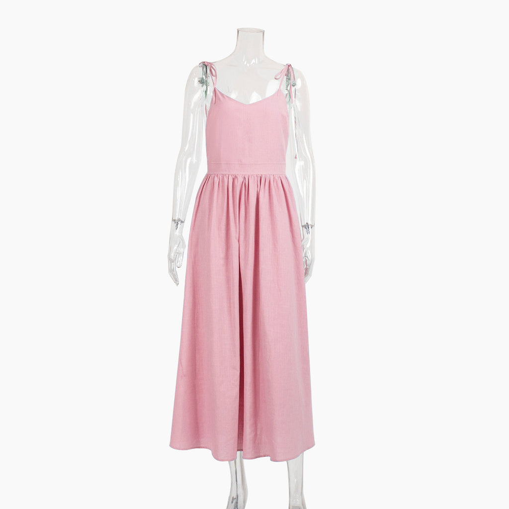 Tie-Shoulder Open-Back Cotton Maxi Dress in Dusty Rose — front view on mannequin