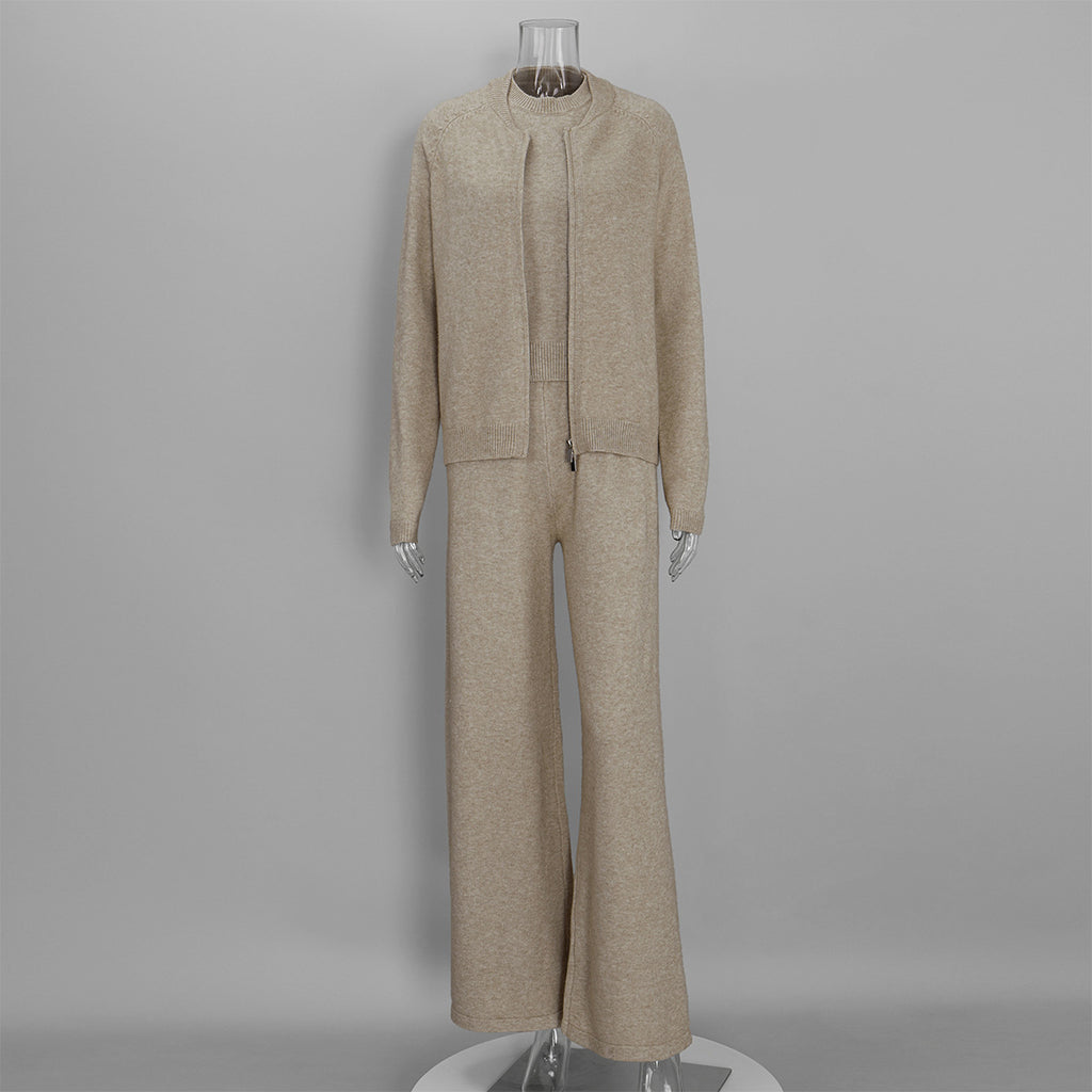 Three-Piece Knit Set: Zip-Up Cardigan, Sleeveless Top & Wide-Leg Pants in Oat — set front view