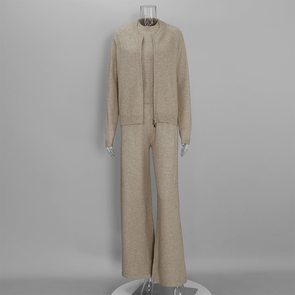 Three-Piece Knit Set: Zip-Up Cardigan, Sleeveless Top & Wide-Leg Pants in Oat — set front view
