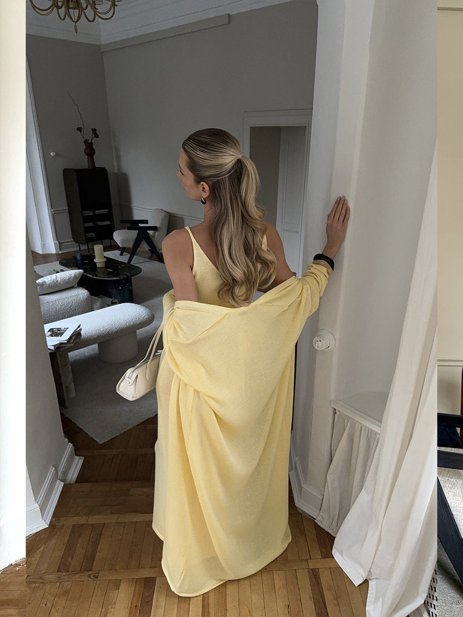 Long Open-Front Mohair-Blend Cardigan in Butter Yellow — back view on model