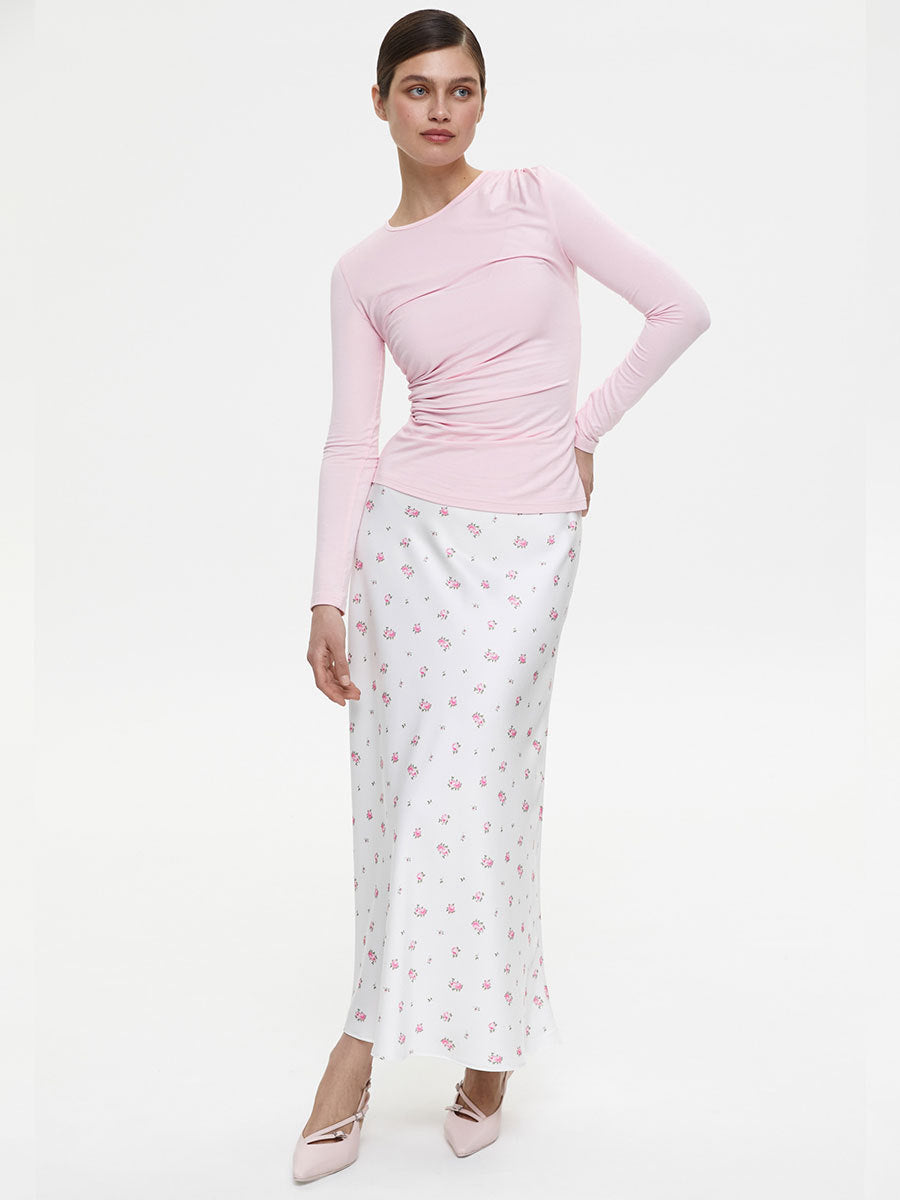 Floral Satin Maxi Skirt in White Floral — back view on model