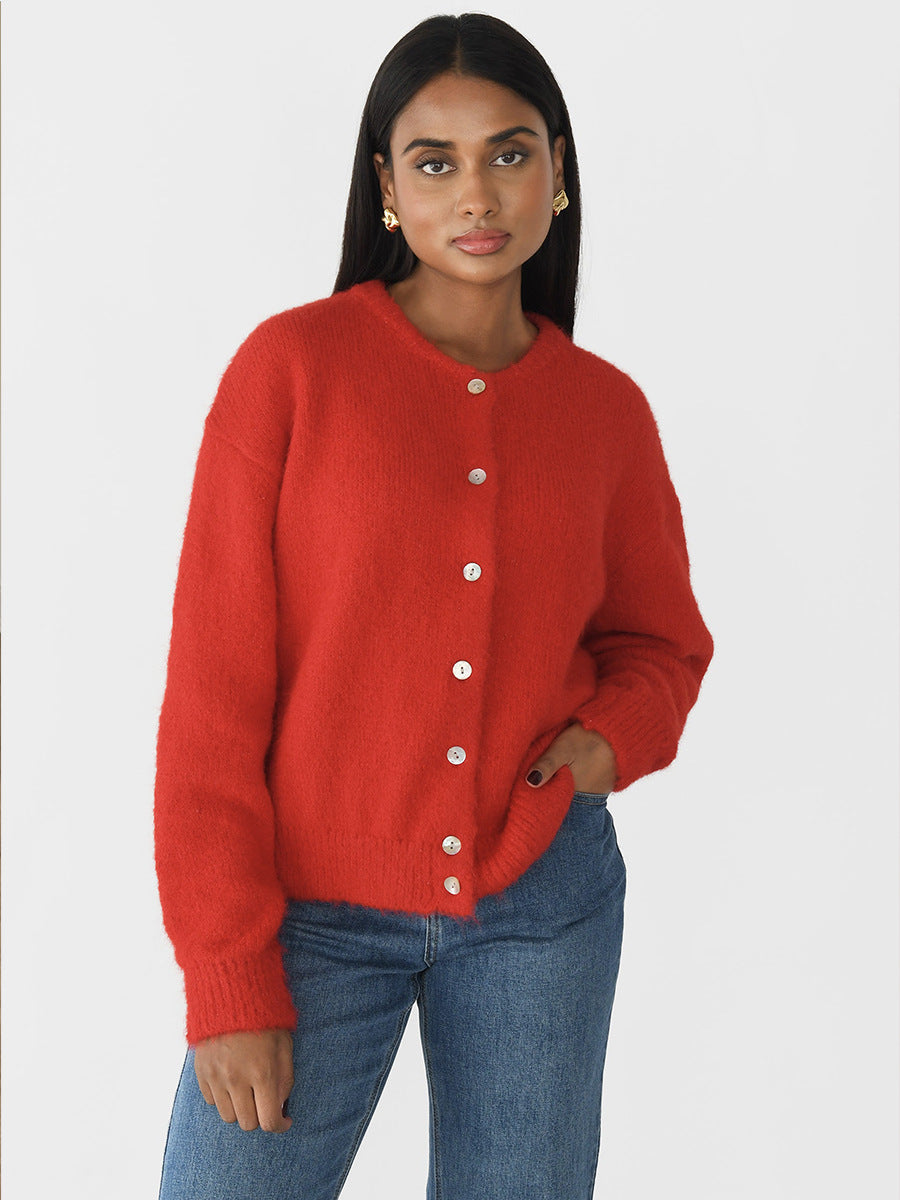 Red Fuzzy Wool-Blend Button Cardigan in Red — front view on model