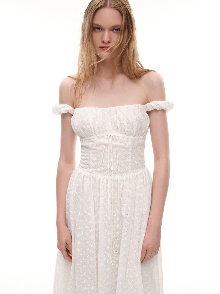 Eyelet Cotton Off-Shoulder Midi Dress in Ivory Eyelet — front close on model, studio