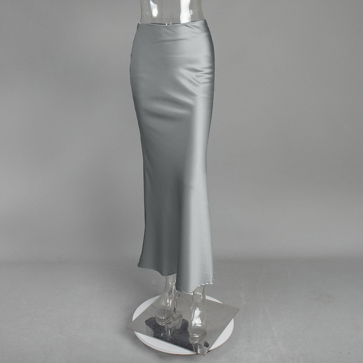 Satin Fishtail Maxi Skirt in Silver Gray — front view on mannequin