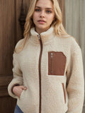 Teddy Fleece Zip-Up Jacket with Contrast Pockets in Ivory — front view on model