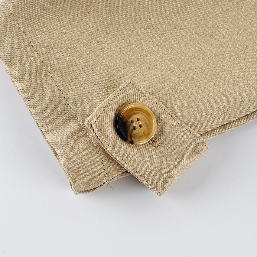 Belted Twill Utility Jacket with Epaulettes in Tan — close-up of the button cuff tab